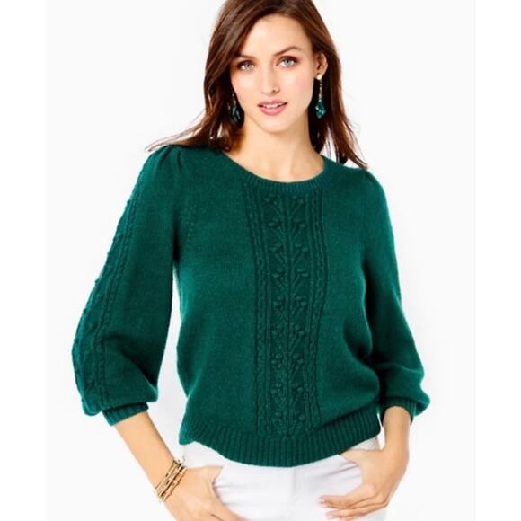 Lilly Pulitzer, Green Cable Knit Pullover Sweater Wool Blend Puff Sleeve Classic - Picture 1 of 16